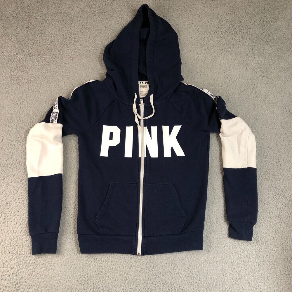 Victoria Secret PINK Hoodie‎ Women XS Blue Full Zip Long Sleeve Logo Spell Out